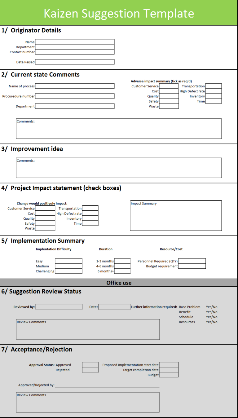 Awesome Kaizen idea sheet in Excel – SanzuBusinessTraining.com